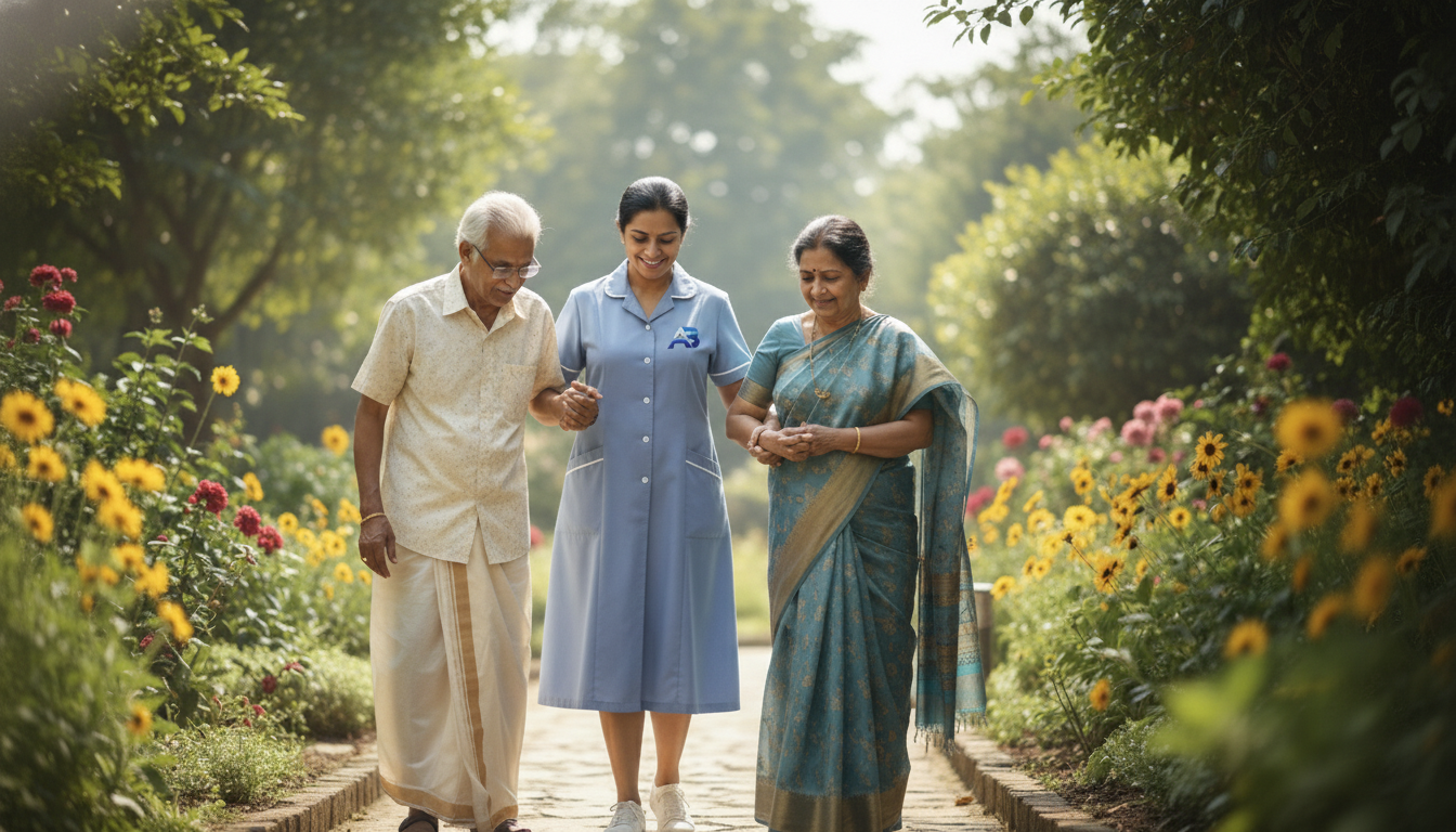 முதியோருடன் பராமரிப்பாளர் நடக்கும்